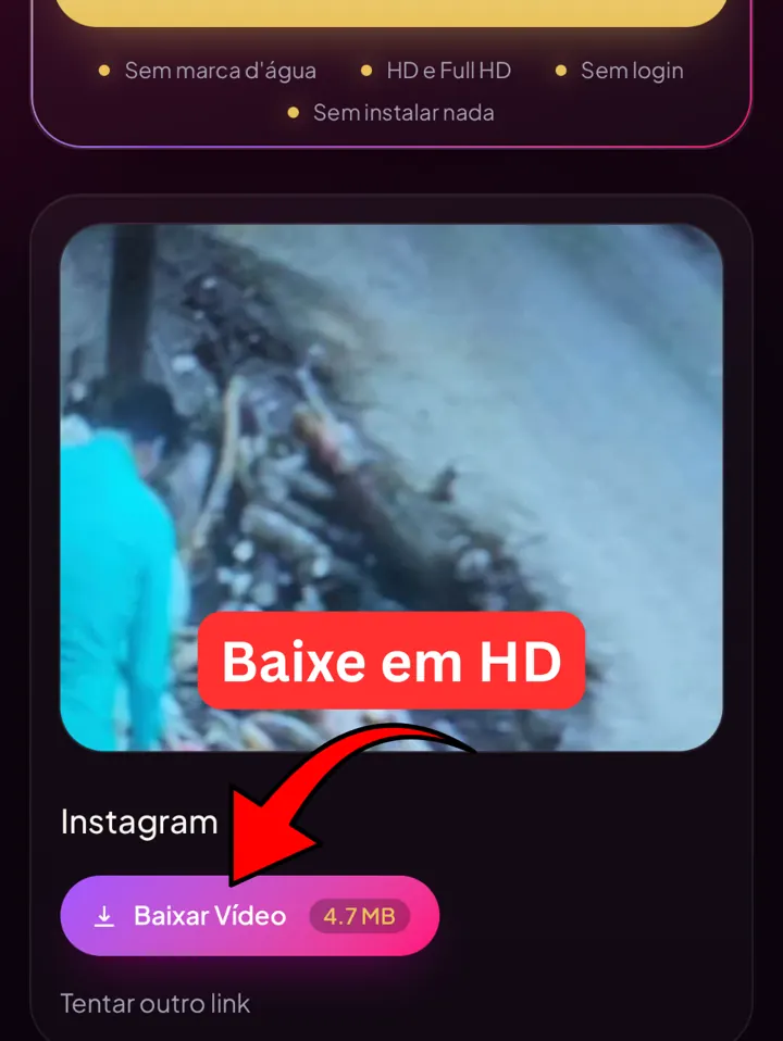 Print da lista de qualidades HD disponíveis no Baixar Video do Instagram com botão de download em 1080p