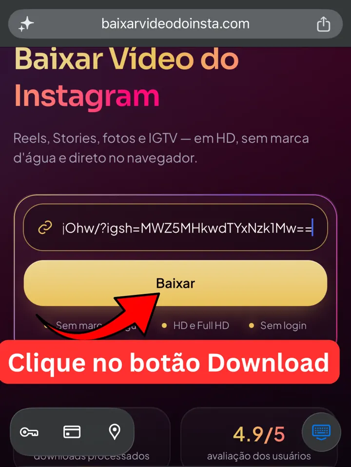 Print do botão Baixar dourado do Baixar Video do Instagram em destaque, iniciando o processamento do vídeo